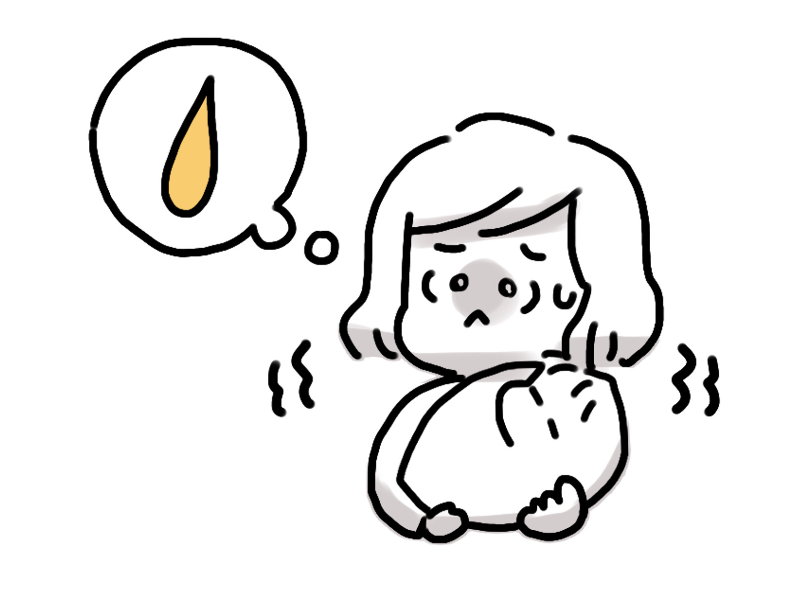 赤ちゃんを抱っこしながら尿もれに悩む産後の女性のイラスト