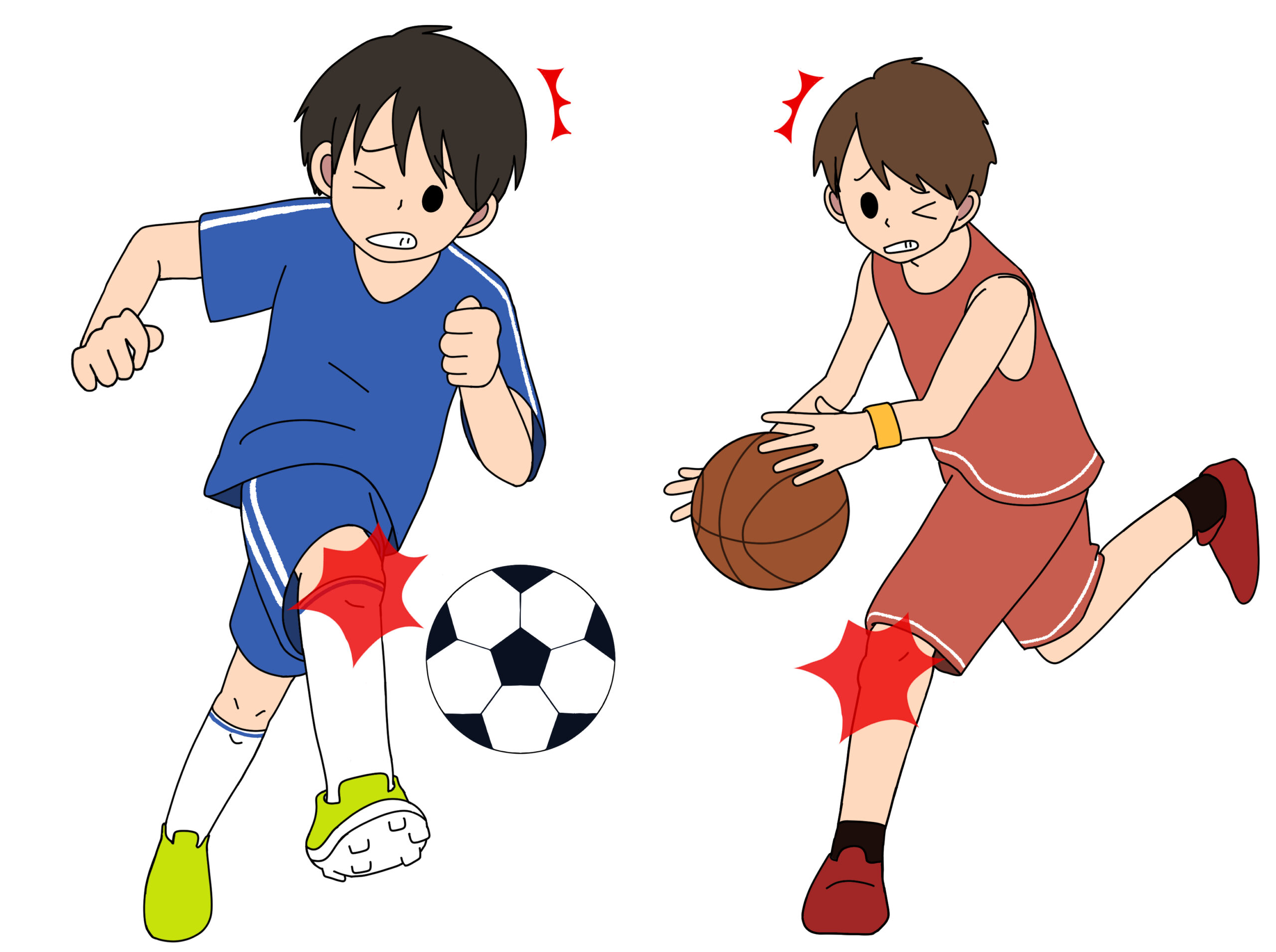 スポーツ中に膝の痛みを感じる子どもたちのイラスト